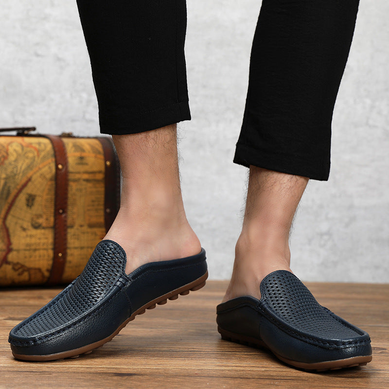 Men's Textured Leather Slip-On Mule Loafers – Perforated Open Back