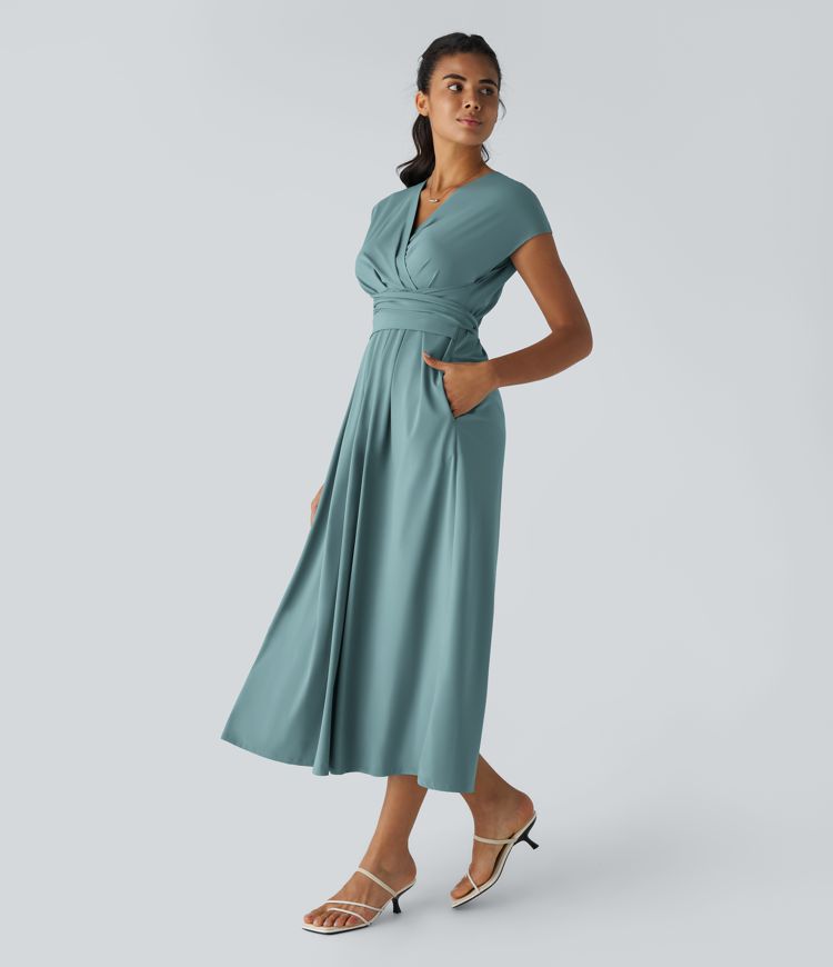 Women's Lightweight V-Neck Midi Dress – Elasticated Waist, Flared Cut