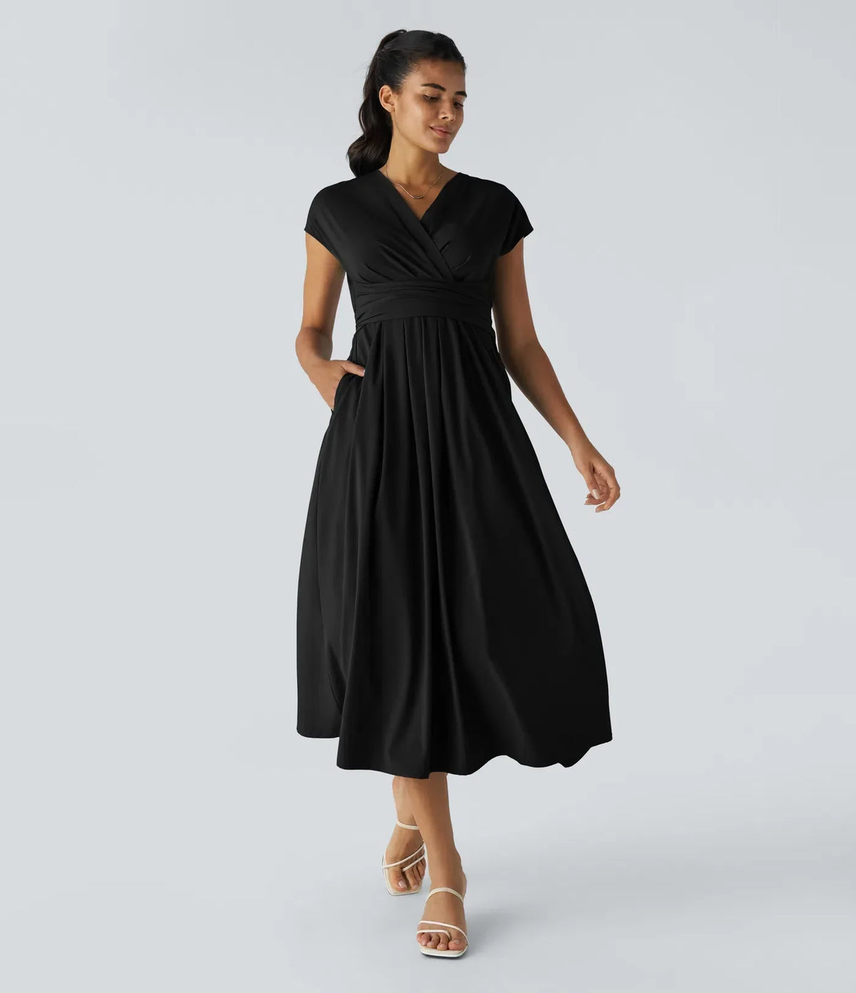 Women's Lightweight V-Neck Midi Dress – Elasticated Waist, Flared Cut