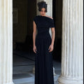 Long Women's Dress with Off-Shoulder and Ruching – Flowing Floor-Length Silhouette