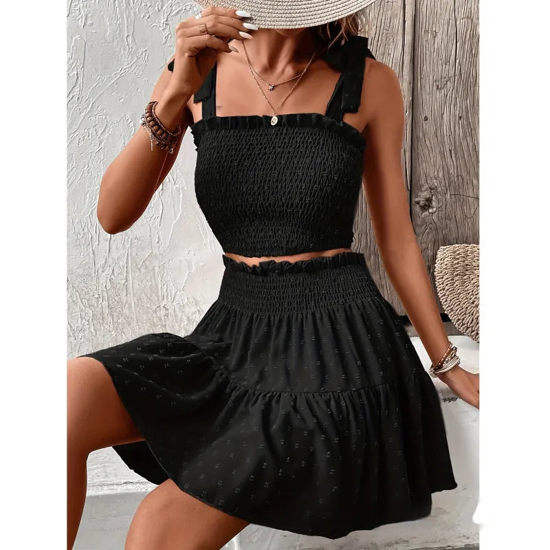 Women's Two-Piece Set – Smocked Top and Mini Skirt with Textured Ruffles