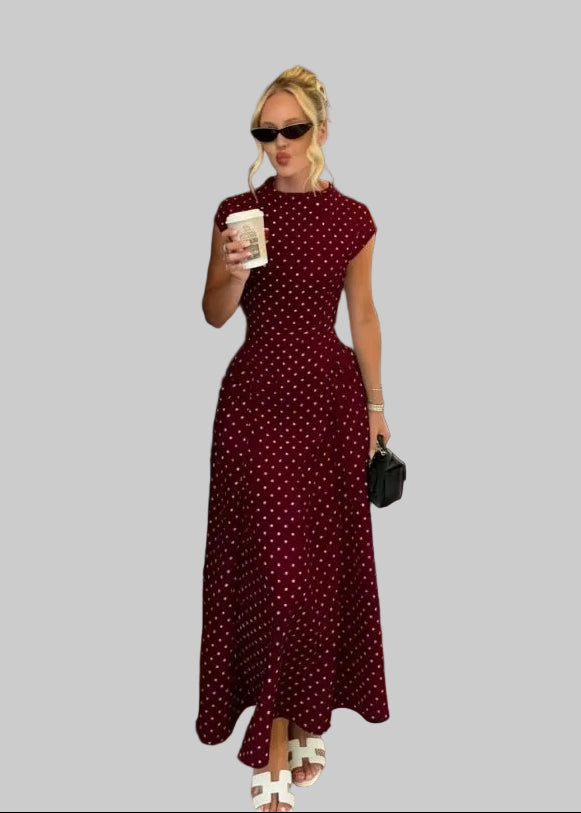 Women's Long Polka Dot Dress – High Neck, Short Sleeves, A-Line Cut