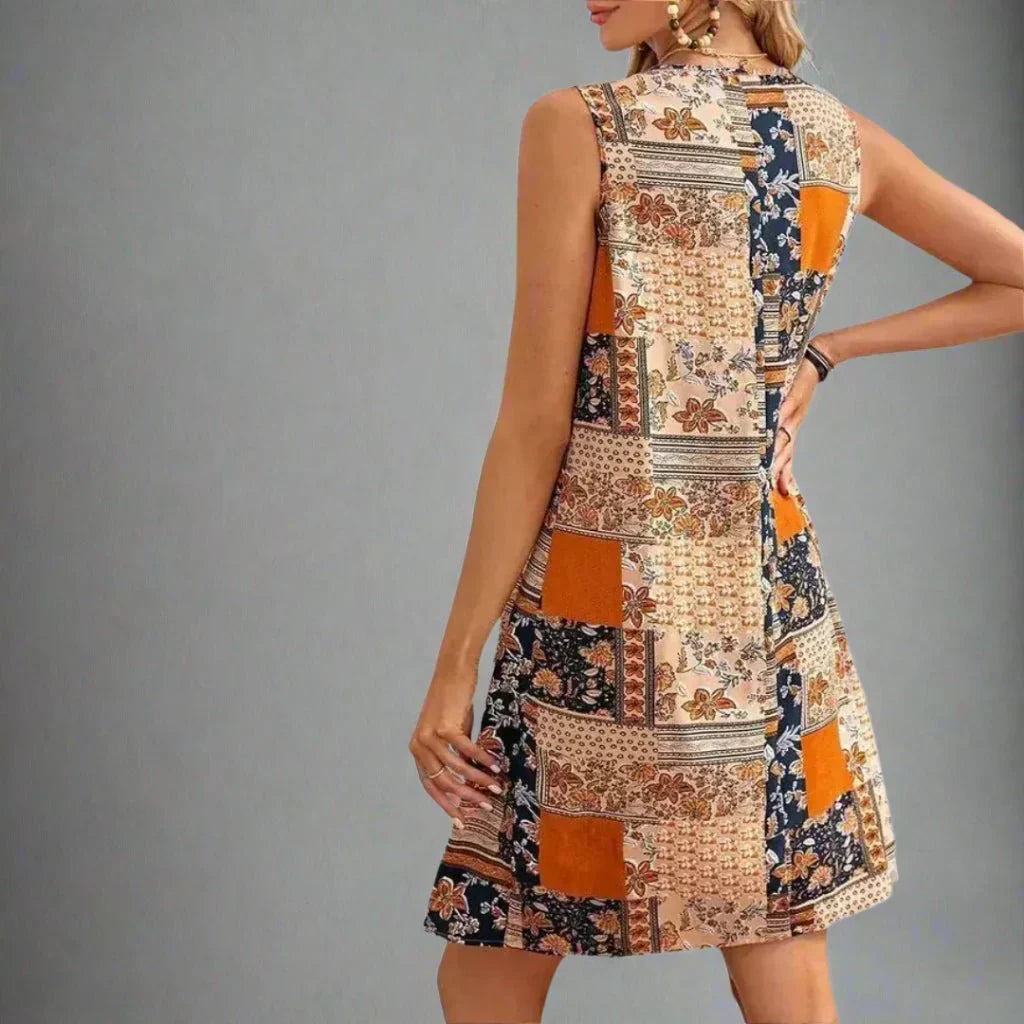 Women's Bohemian Lightweight Mini Dress – Sleeveless Patchwork Design