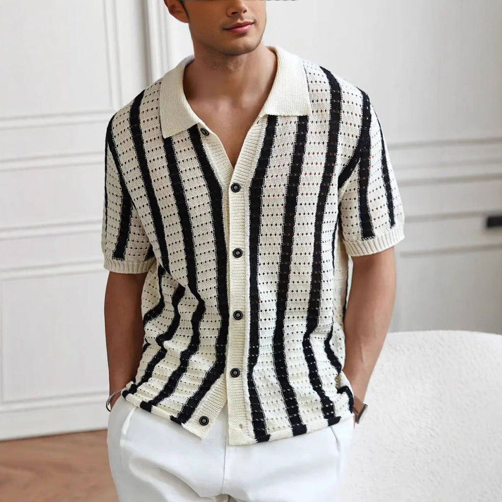 Men's Openwork Knit Polo – Vertical Stripes Short Sleeves