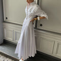 Women’s White Cotton Maxi Shirt Dress – Long Sleeves, Pleated Flared Cut