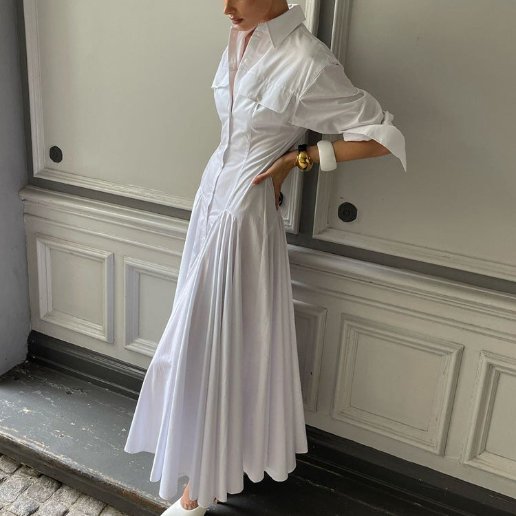 Women’s White Cotton Maxi Shirt Dress – Long Sleeves, Pleated Flared Cut