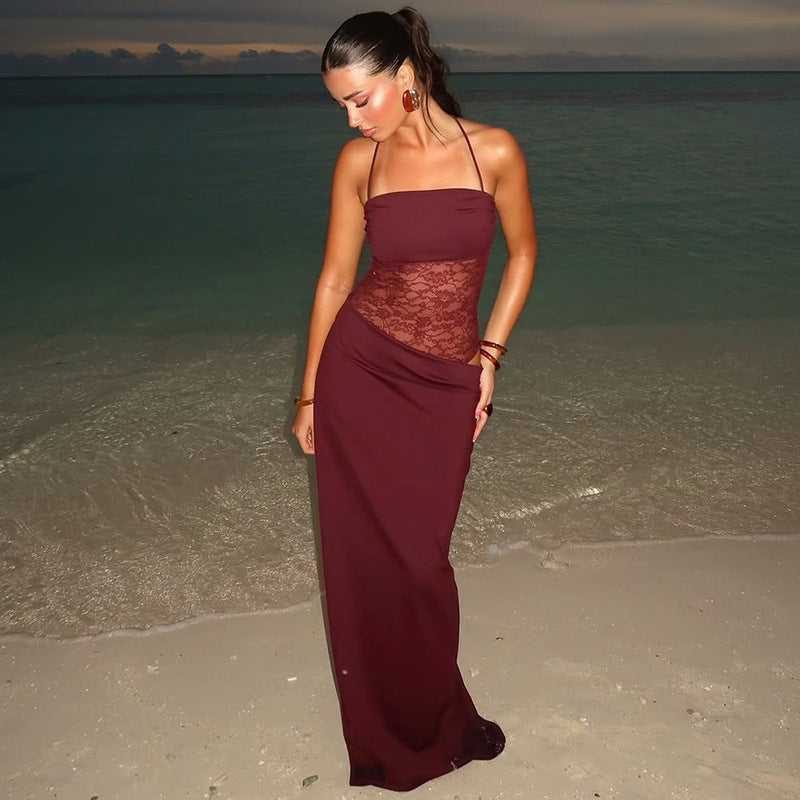Women's Lace-Panel Maxi Dress – Sleeveless Fit-and-Flare Cut