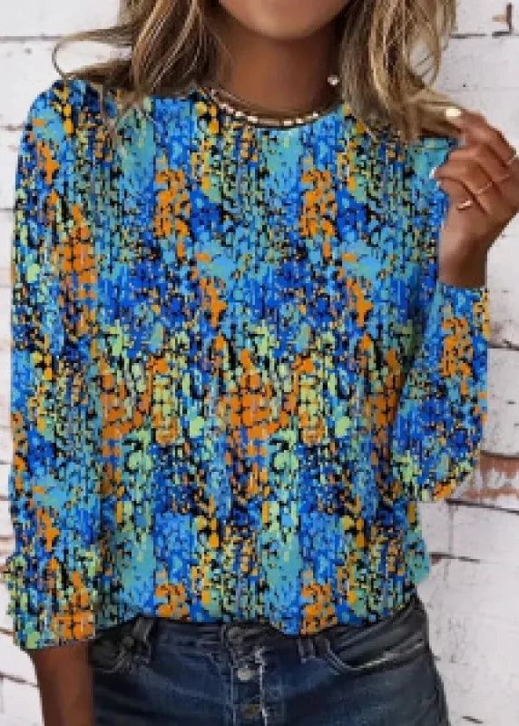 Women's Long-Sleeve Knit Top – Gradient Floral Print, Round Neck