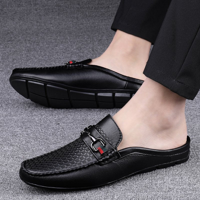 Men’s Calfskin Leather Mule Loafers – Retro Backless Slip-Ons