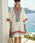 Women's Mini Dress – Casual Kaftan with Striped Finishes