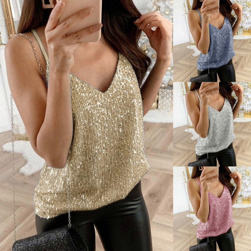 Women's V-Neck Sequin Top – Relaxed Fit Shimmering Finish