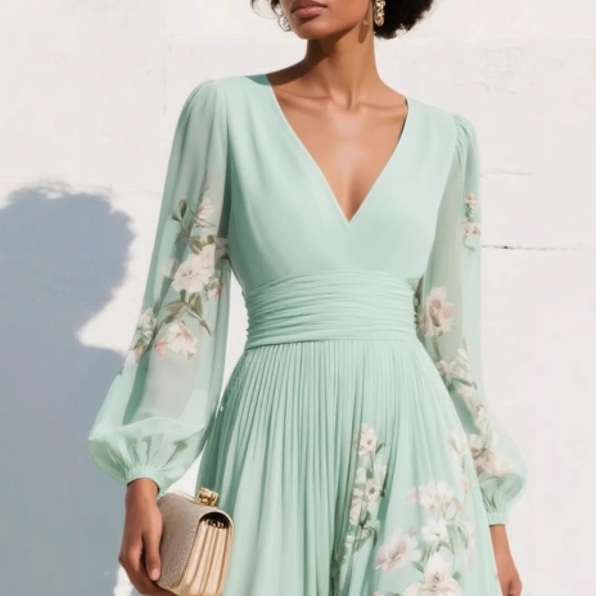 Women’s Chiffon Maxi Dress – Long Sleeves, Pleated Flared Cut