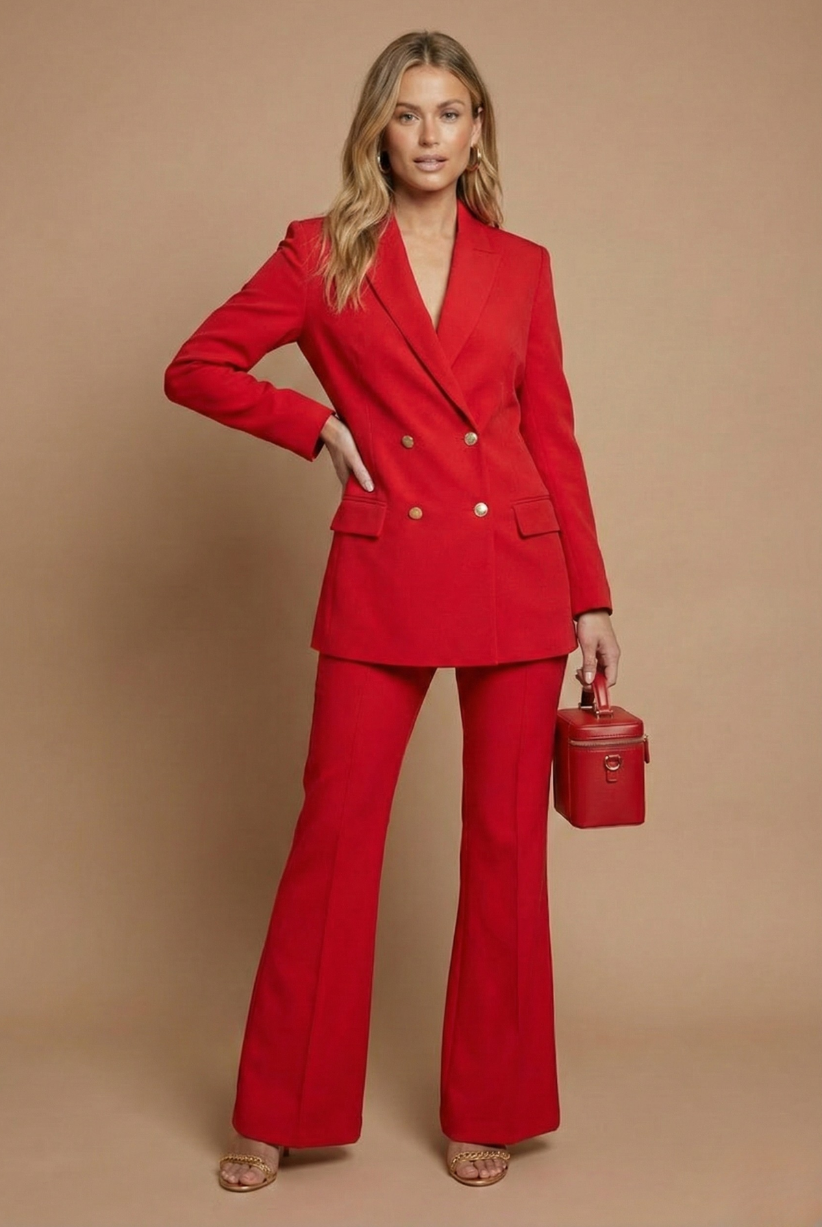 Women's Structured Suit – Double-Breasted Blazer, Flared Trousers
