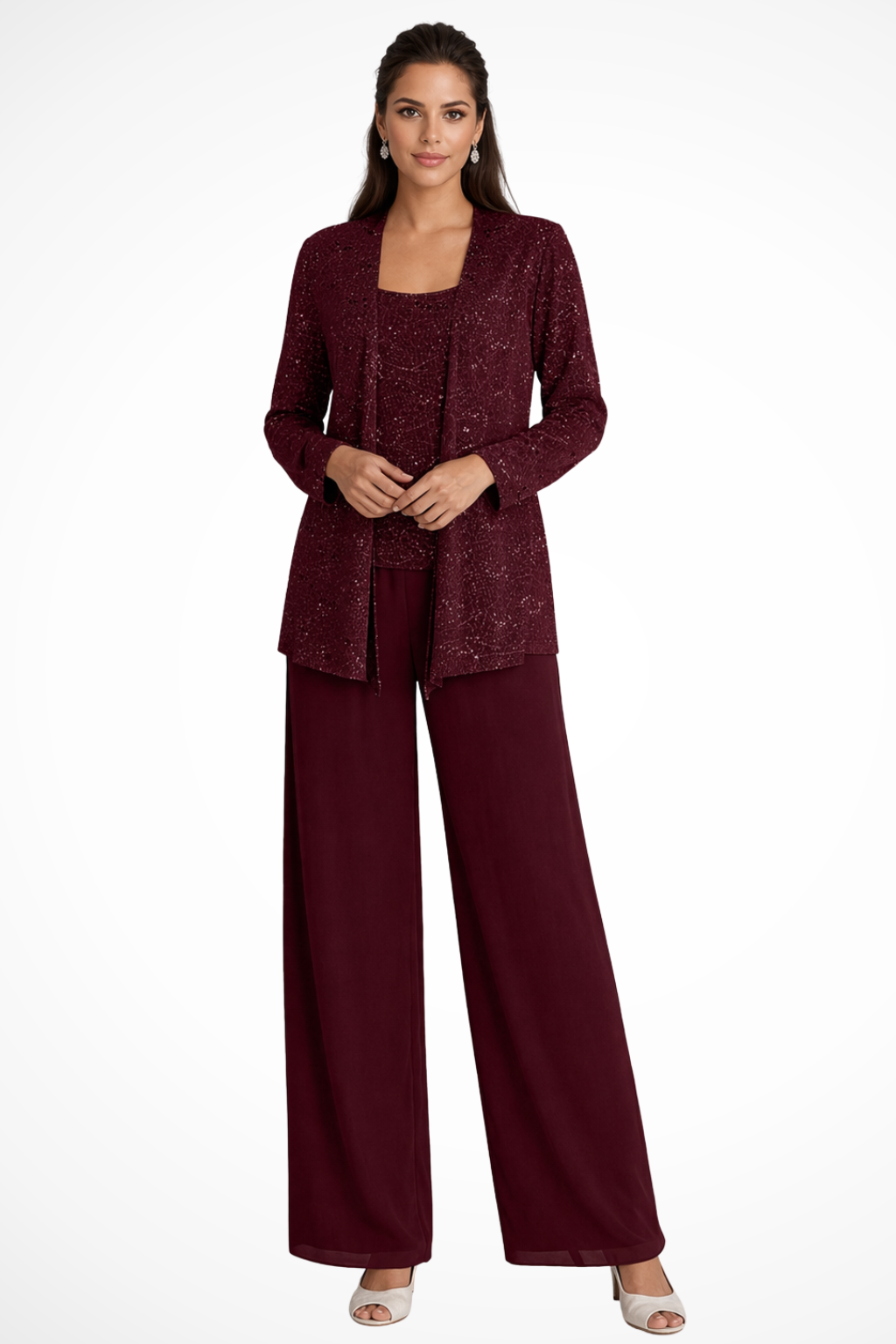 Three-Piece Women's Costume with Sequins and Lace – Wide-Leg Pants