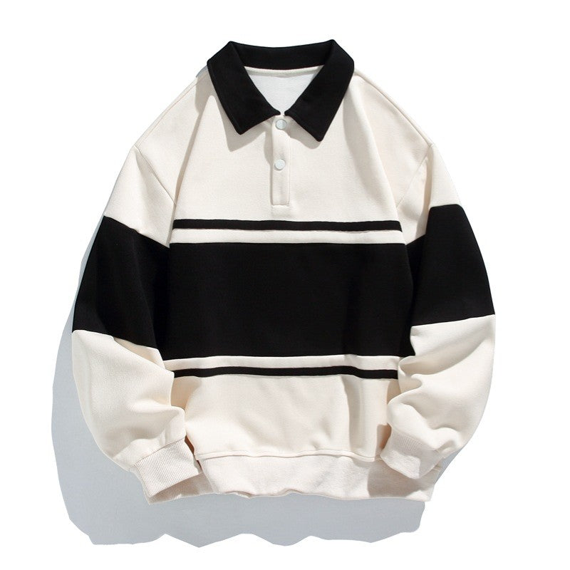 Men's Cotton-Blend Sweatshirt – Striped Pattern Relaxed Fit Polo Collar