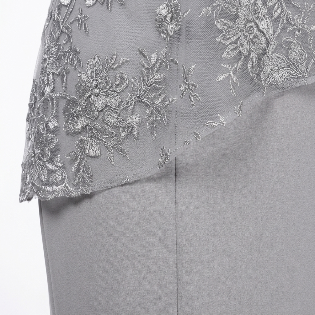 Women's Midi Dress with Floral Embroidery – Lace Sleeves, Straight Cut