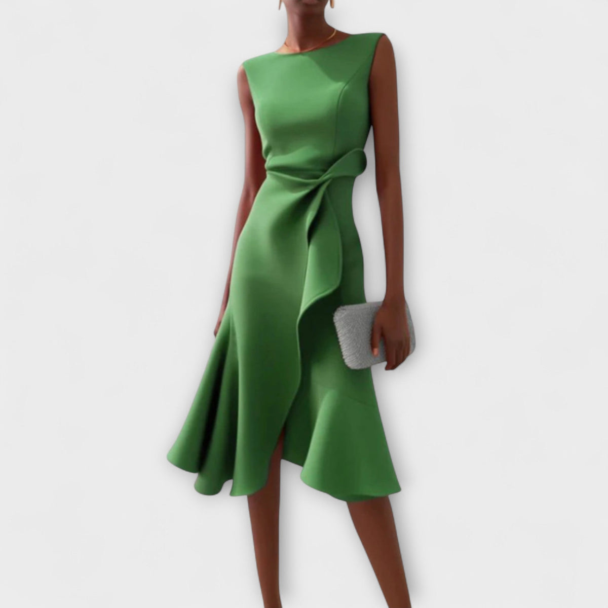 Women's Structured Sleeveless Midi Dress – Round Neck Fitted Flared Hem