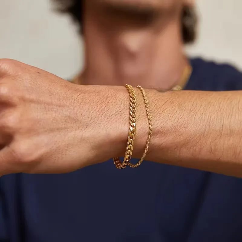 Men's Bracelet Cuban Chain & Rope – Polished Metal Layered Set