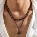 Men's Wooden Bead Necklace with Turquoise Pendant – Double Strand