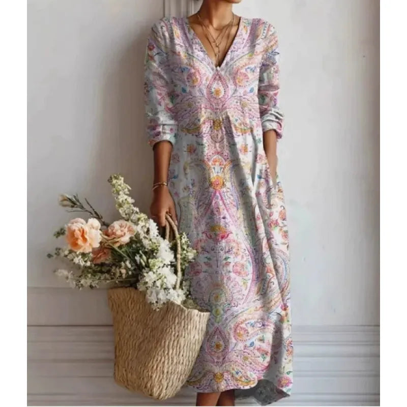 Women's Printed Midi Dress – Flowing Fit and Bohemian V-Neck