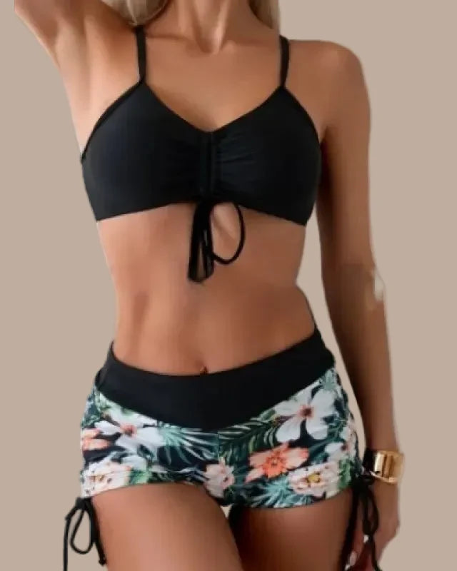 Women's Bikini Set – Ruched Crop Top & High-Waisted Floral Shorts