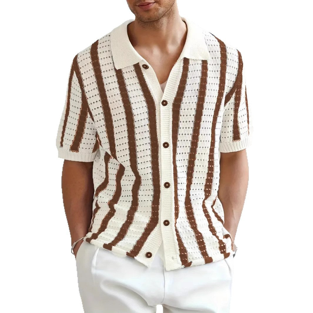 Men's Openwork Knit Polo – Vertical Stripes Short Sleeves