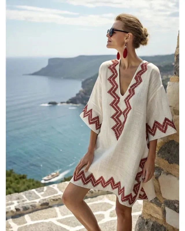 Women's Mini Dress – Casual Kaftan with Striped Finishes