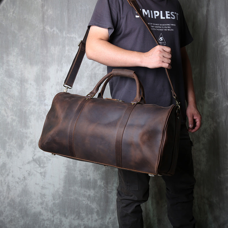 Men's Genuine Leather Travel Bag – Cylindrical Duffle Bag