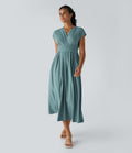 Women's Lightweight V-Neck Midi Dress – Elasticated Waist, Flared Cut