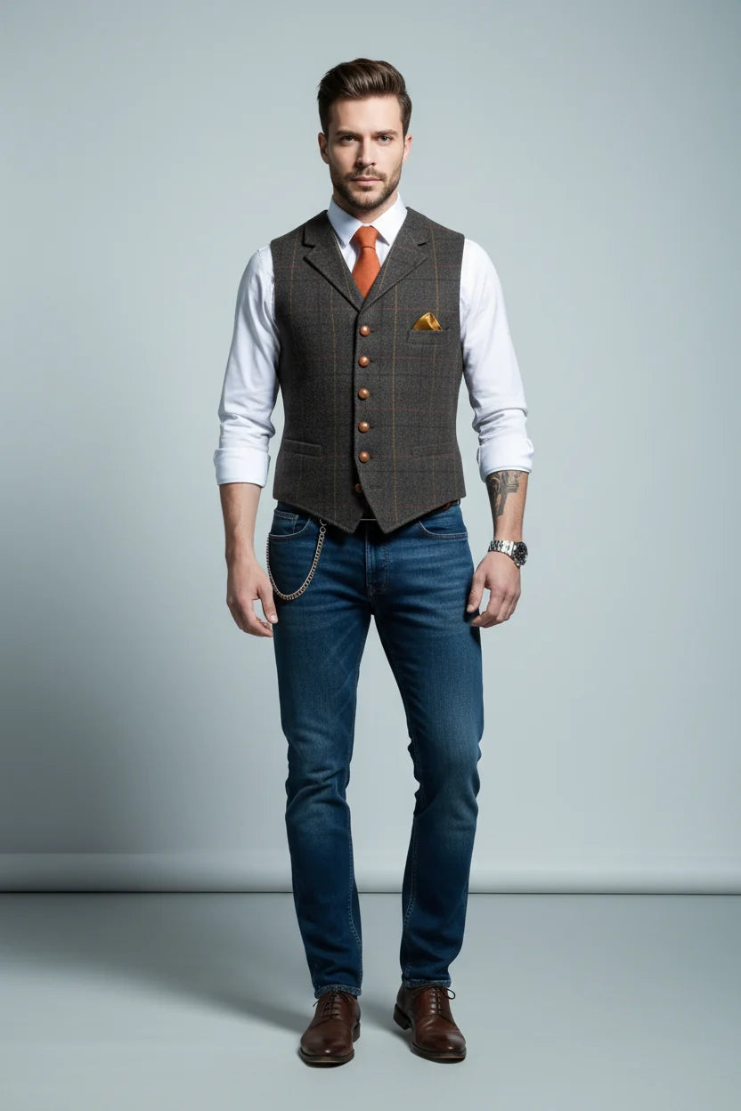 Men's Slim Checkered Vest – Elegant Notched Collar