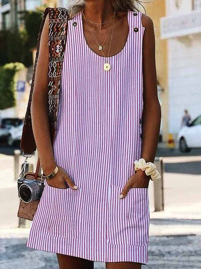 Casual Women's Striped Dress – Round Neck and Button Details
