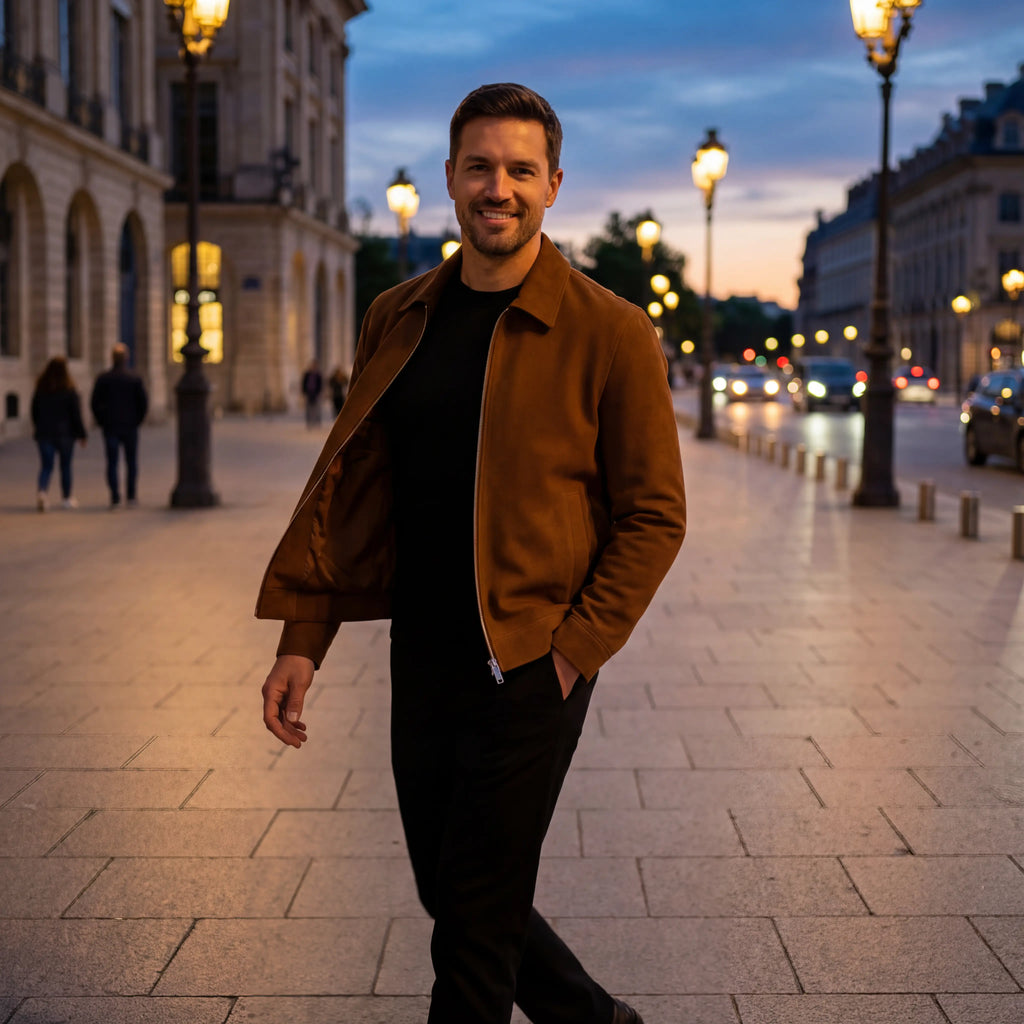 Men's loose fit short suede jacket