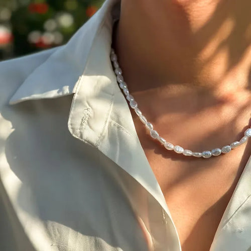 Men's Necklace with Baroque Pearls – Imitation Pearls and Mother-of-Pearl