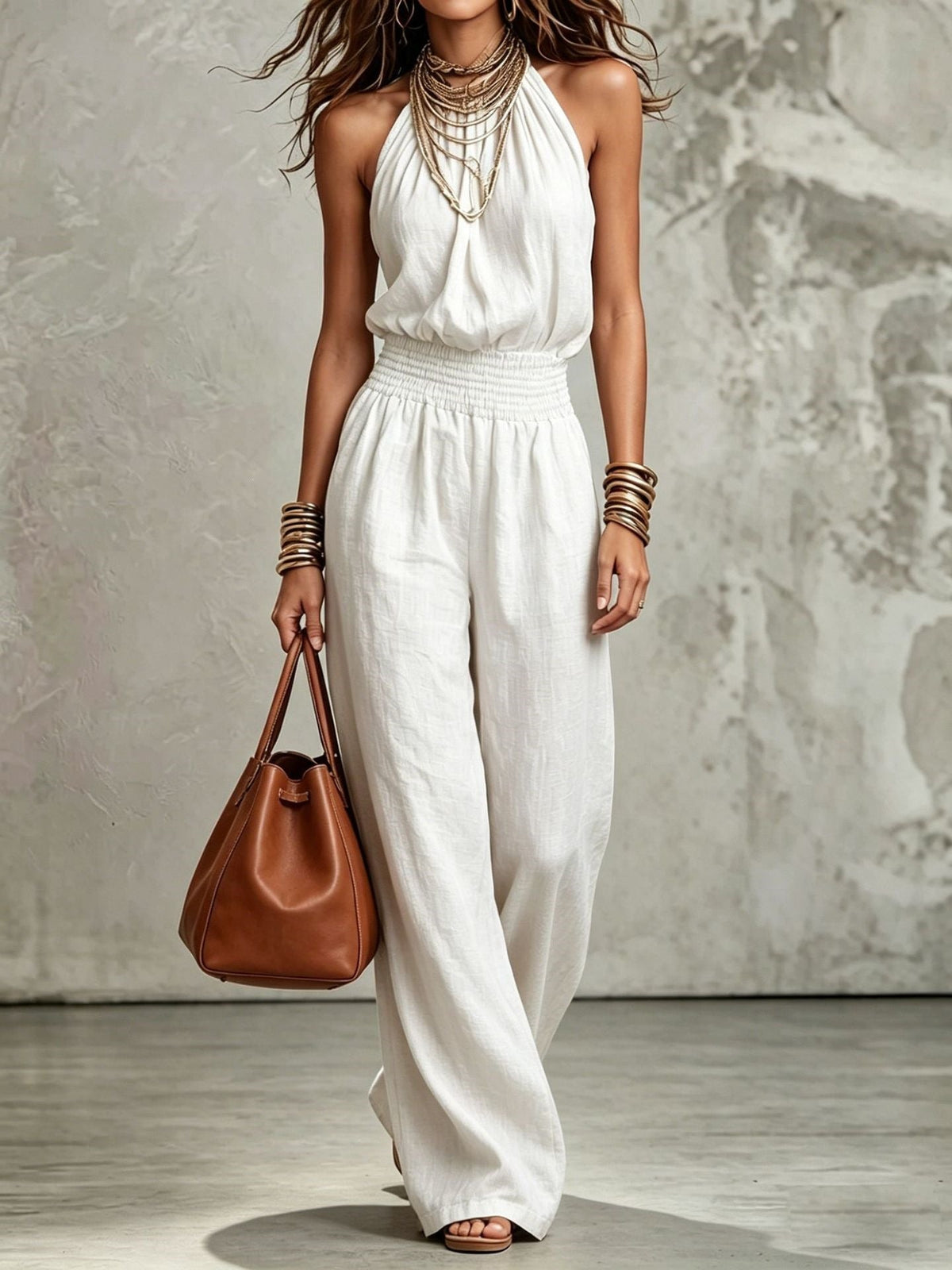Women’s Wide-Leg Jumpsuit with Halter Neck – Smocked Waist, Open Back