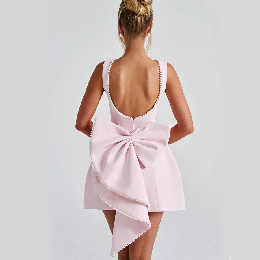 Women's A-Line Mini Dress with Open Back – Sleeveless, Beaded Bow