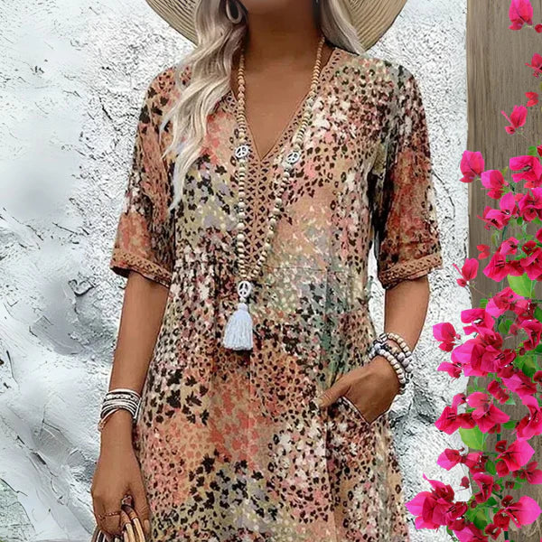 Women's lightweight bohemian midi dress – V-neck relaxed fit