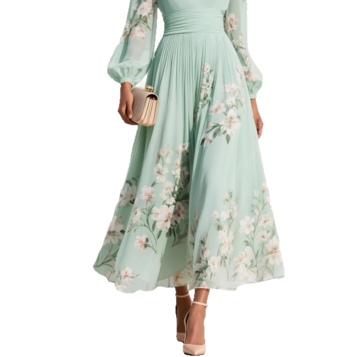 Women’s Chiffon Maxi Dress – Long Sleeves, Pleated Flared Cut