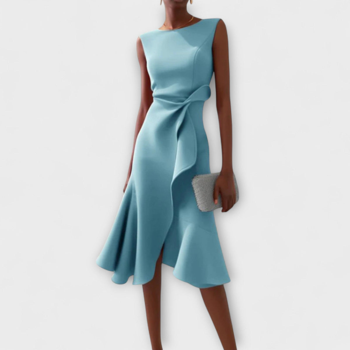 Women's Structured Sleeveless Midi Dress – Round Neck Fitted Flared Hem