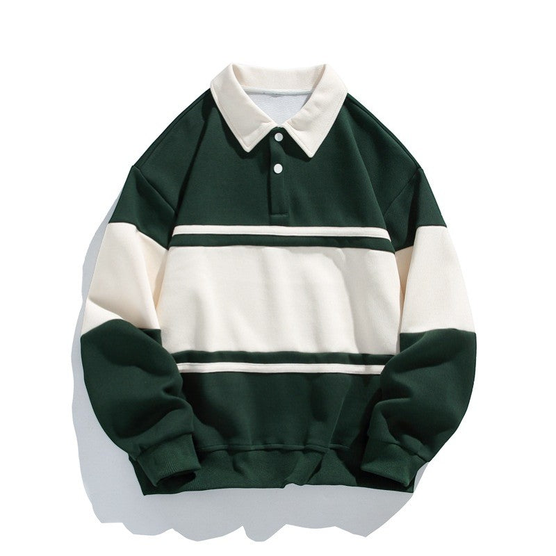 Men's Cotton-Blend Sweatshirt – Striped Pattern Relaxed Fit Polo Collar