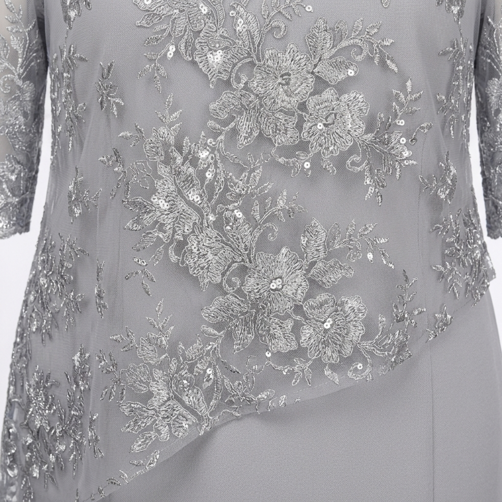 Women's Midi Dress with Floral Embroidery – Lace Sleeves, Straight Cut