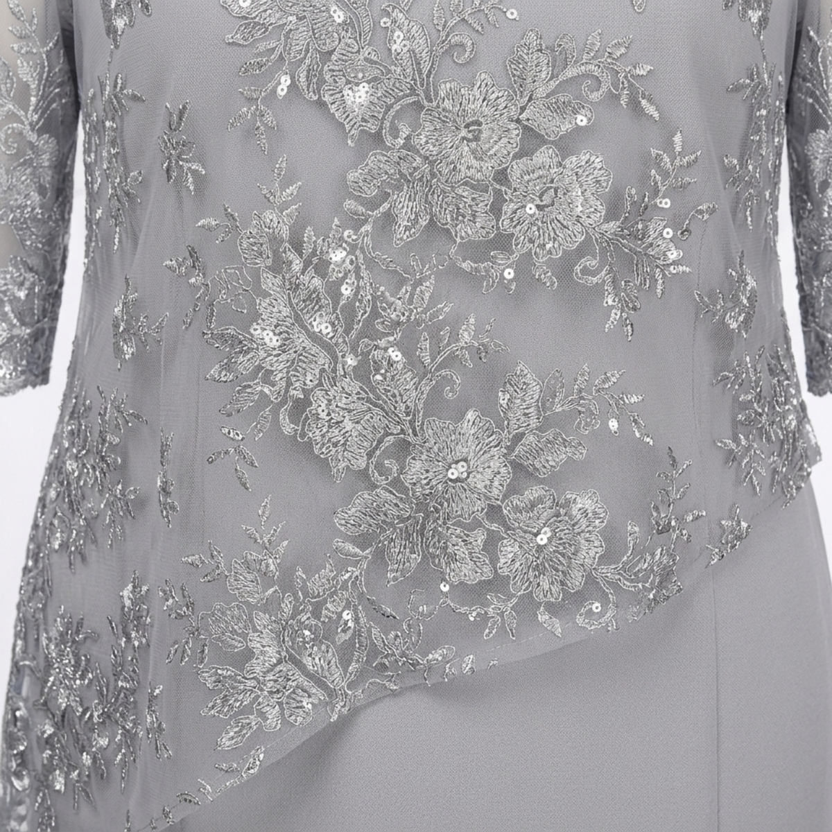 Women's Midi Dress with Floral Embroidery – Lace Sleeves, Straight Cut