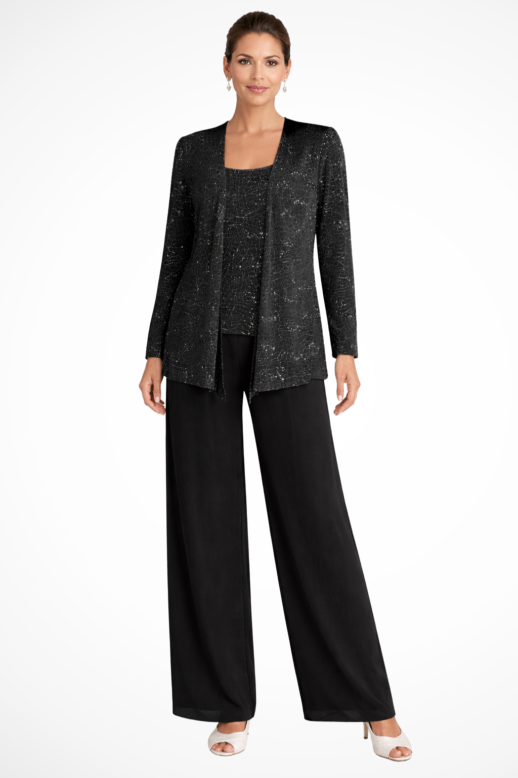Three-Piece Women's Costume with Sequins and Lace – Wide-Leg Pants