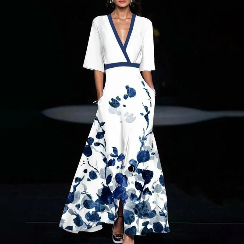 Women's floral A-line maxi dress – V-neck fitted waist