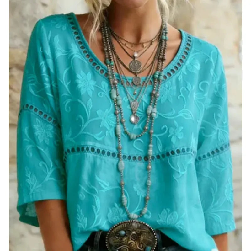Women's 3D Floral Pattern Top – Round Neck, Relaxed Fit