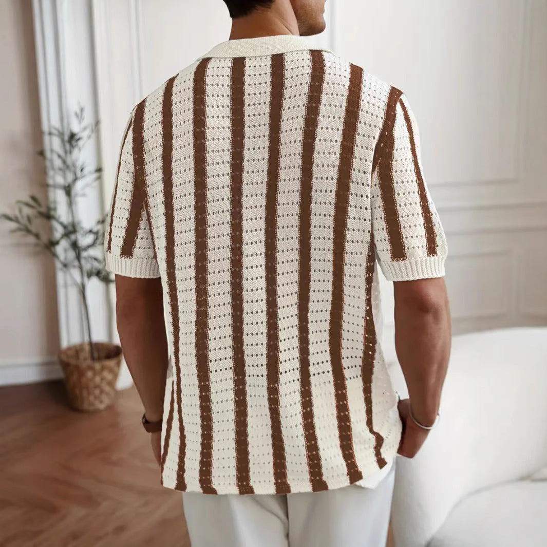 Men's Openwork Knit Polo – Vertical Stripes Short Sleeves