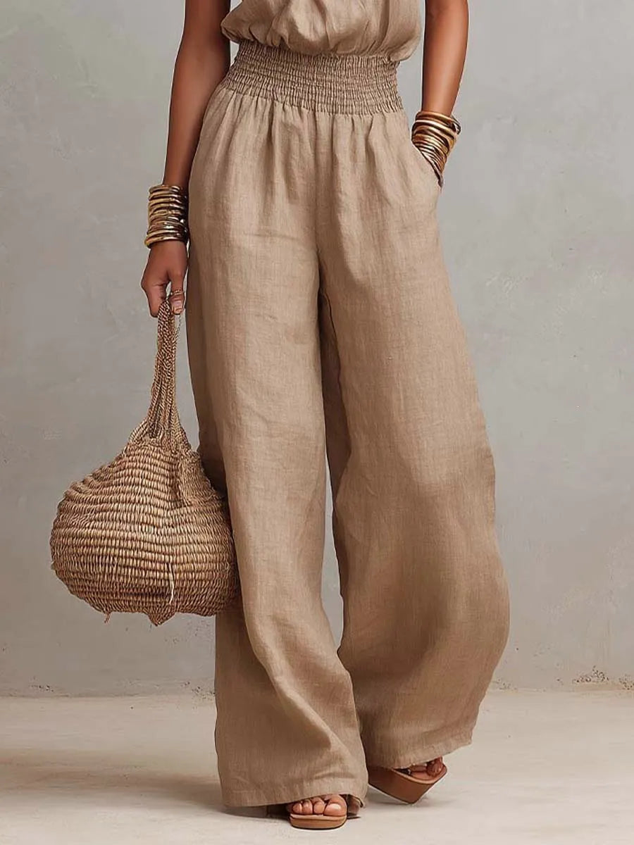 Women’s Wide-Leg Jumpsuit with Halter Neck – Smocked Waist, Open Back