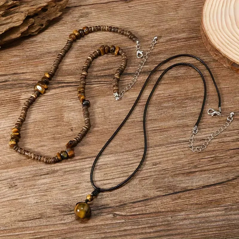 Men's Wooden Bead Necklace with Turquoise Pendant – Double Strand