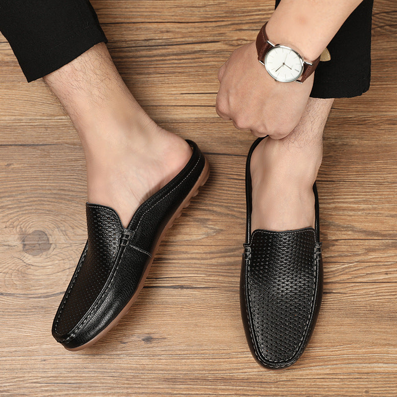 Men's Textured Leather Slip-On Mule Loafers – Perforated Open Back