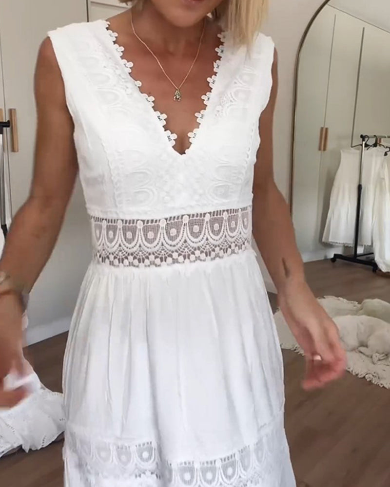 Women's White Bohemian Lace Midi Dress – V-Neck Sleeveless