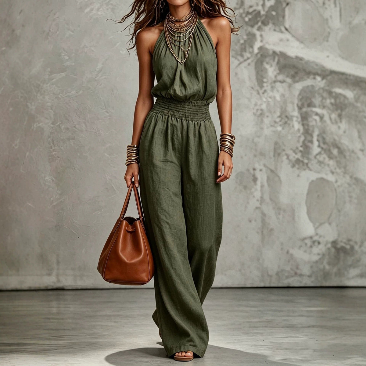 Women’s Wide-Leg Jumpsuit with Halter Neck – Smocked Waist, Open Back